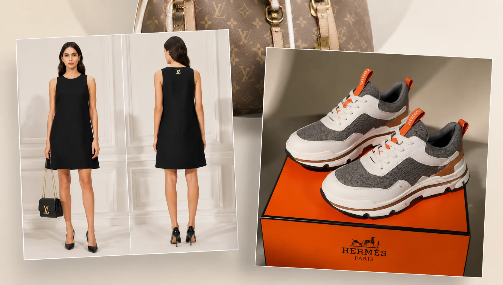 Sélection mode luxe : robe noire, sac et sneakers