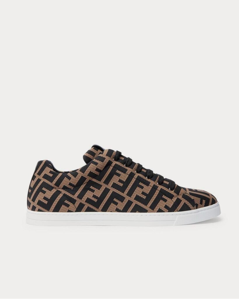 Baskets basses marron Fendi en maille jacquard avec logo et finitions en cuir