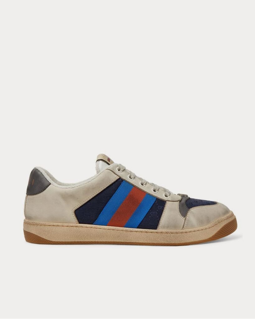 Baskets basses bleu marine Gucci Screener en cuir vieilli et toile à bordures en toile