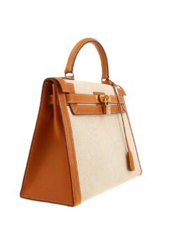 Sac à main Hermès Kelly 32 cm en toile beige et cuir de Pecari gold