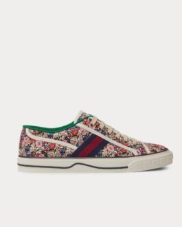 Baskets basses roses Gucci x Liberty Tennis 1977 en cuir et toile imprimée avec bordures en sangle
