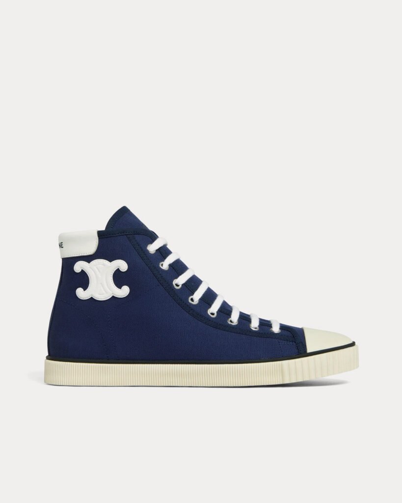 Baskets montantes à lacets Céline Blank en toile et cuir de veau bleu marine
