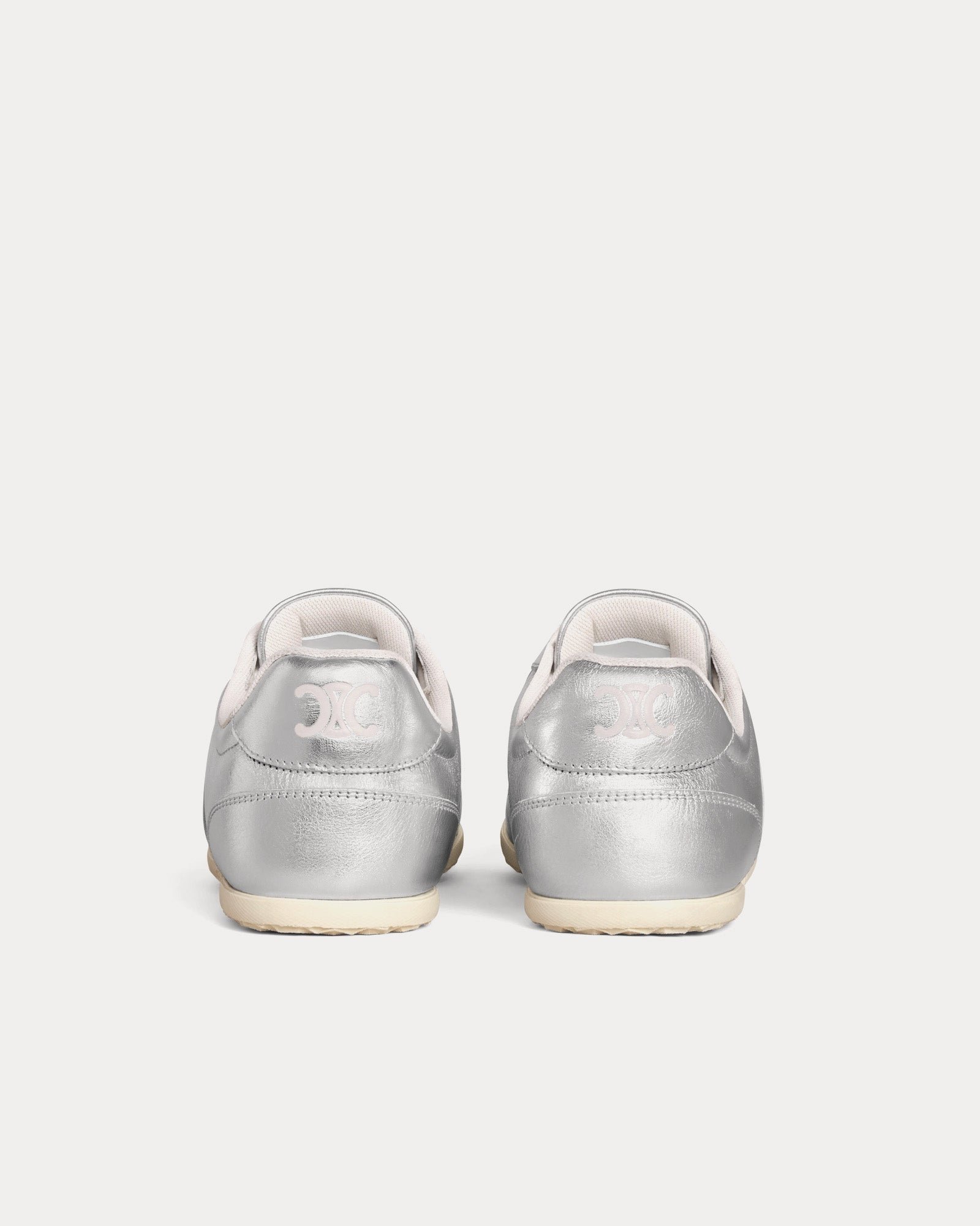 Baskets basses Celine Jogger avec signature Triomphe en cuir de veau laminé argent/blanc optique – Image 3