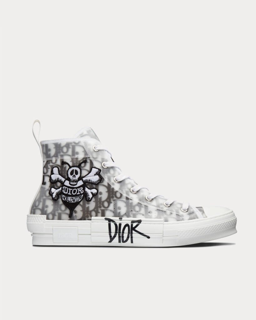 Baskets montantes noires et blanches Dior x Stussy B23 en toile oblique avec patch brodé d'abeilles