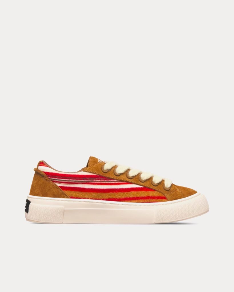 Baskets basses Dior x Denim Tears B33 édition limitée en mohair multicolore rouge et daim marron