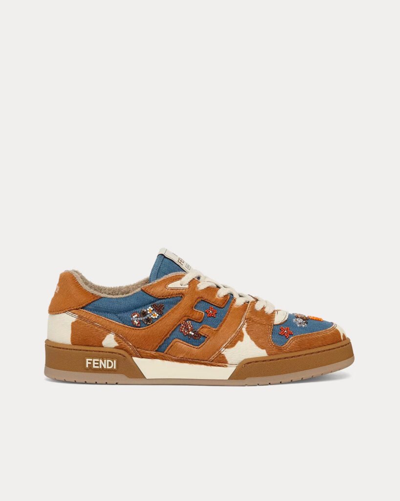 Baskets basses Fendi Match en denim et cuir de vache marron/bleu