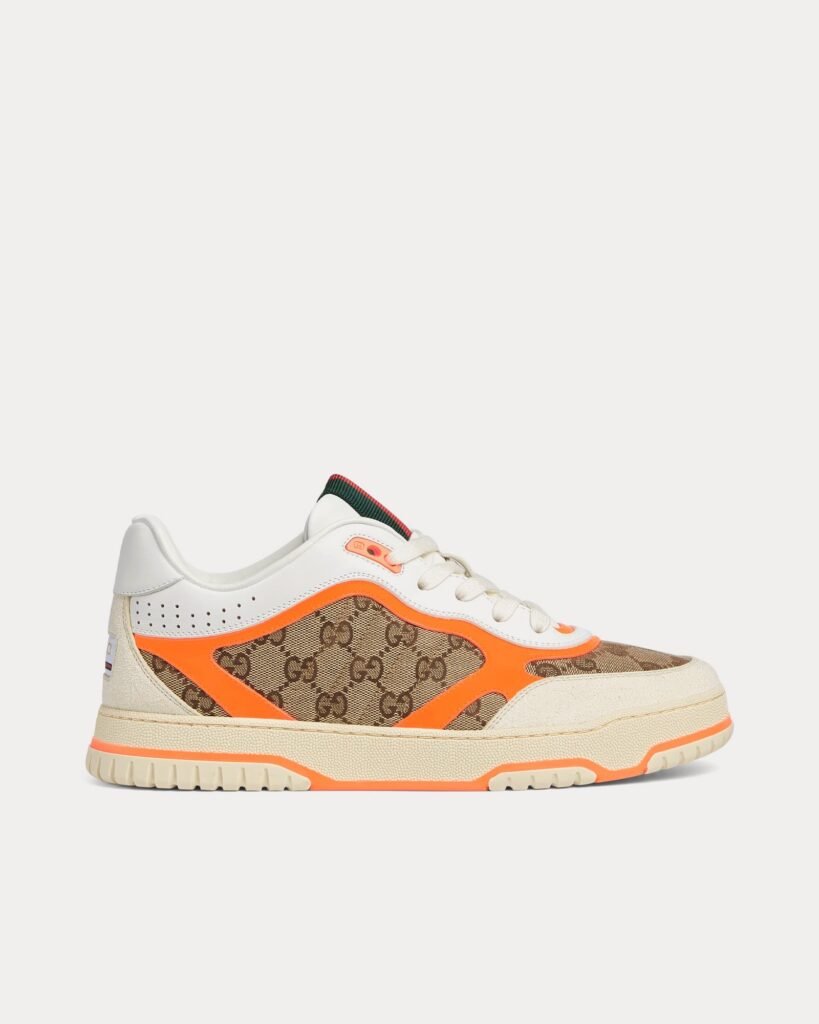 Baskets basses Gucci Re-Web en cuir et toile GG originales blanches/orange