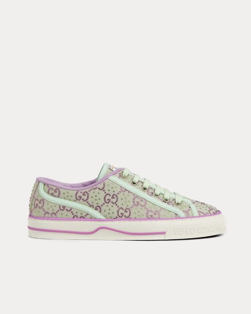 Baskets basses Gucci Tennis 1977 GG Crystal toile vert clair / lilas