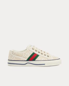Baskets basses Gucci Tennis 1977 GG brodées au crochet en coton ivoire/blanc