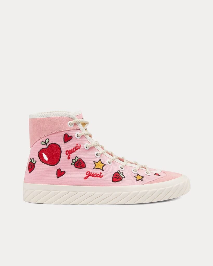 Baskets montantes roses en toile brodée Gucci cœur