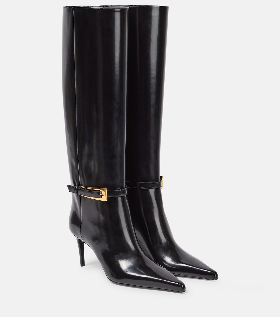 Bottes hautes Yves Saint Laurent en cuir noir – Boucle dorée