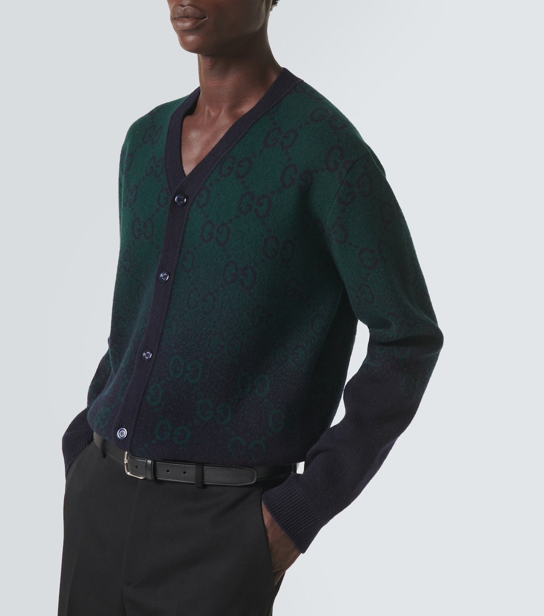 Cardigan Gucci GG – Laine fine bleu et vert à motif emblématique – Image 5