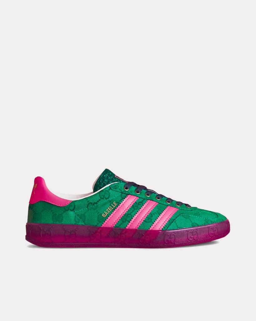 Baskets basses Adidas x Gucci Gazelle Original GG toile vertes / roses