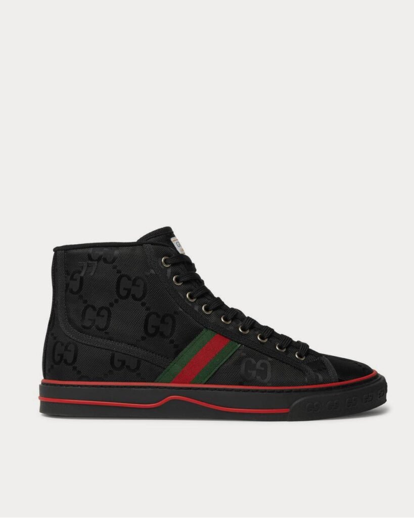 Baskets montantes noires en toile ECONYL monogrammées Gucci Off the Grid avec bordure en sangle
