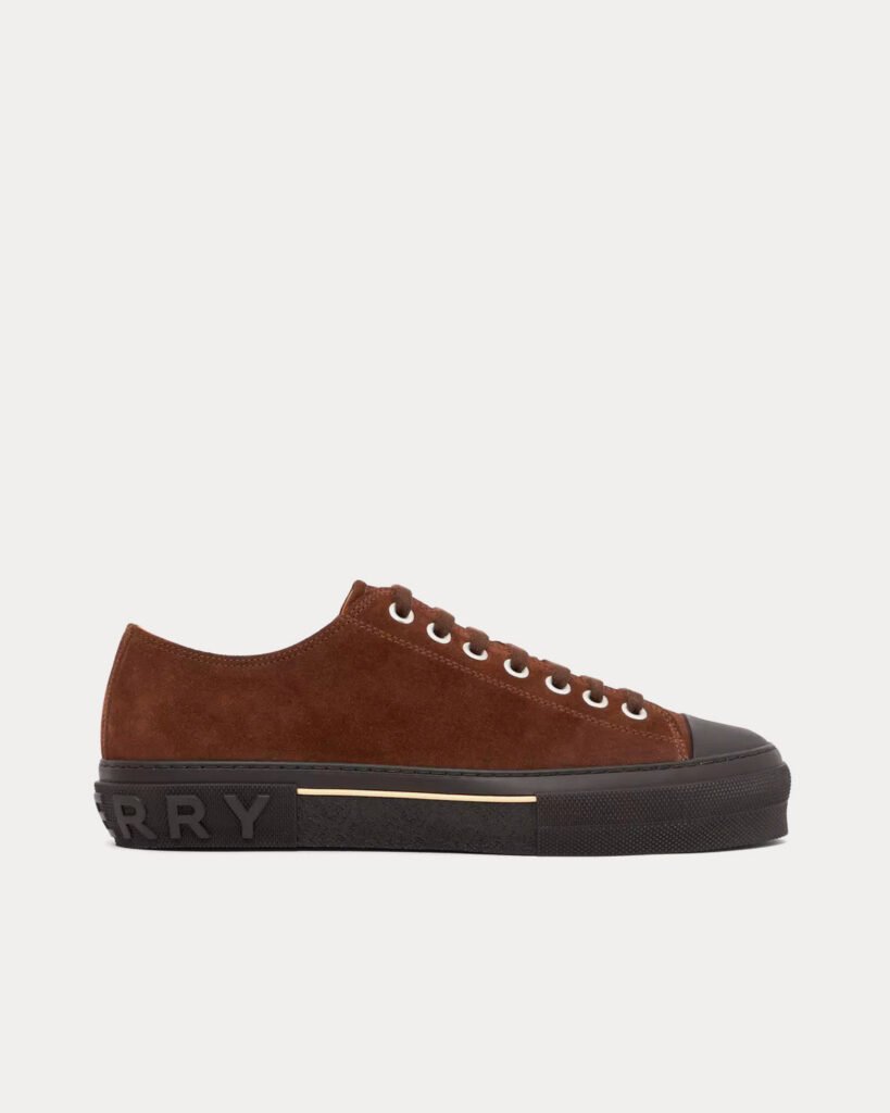 Baskets basses en daim marron avec logo Burberry