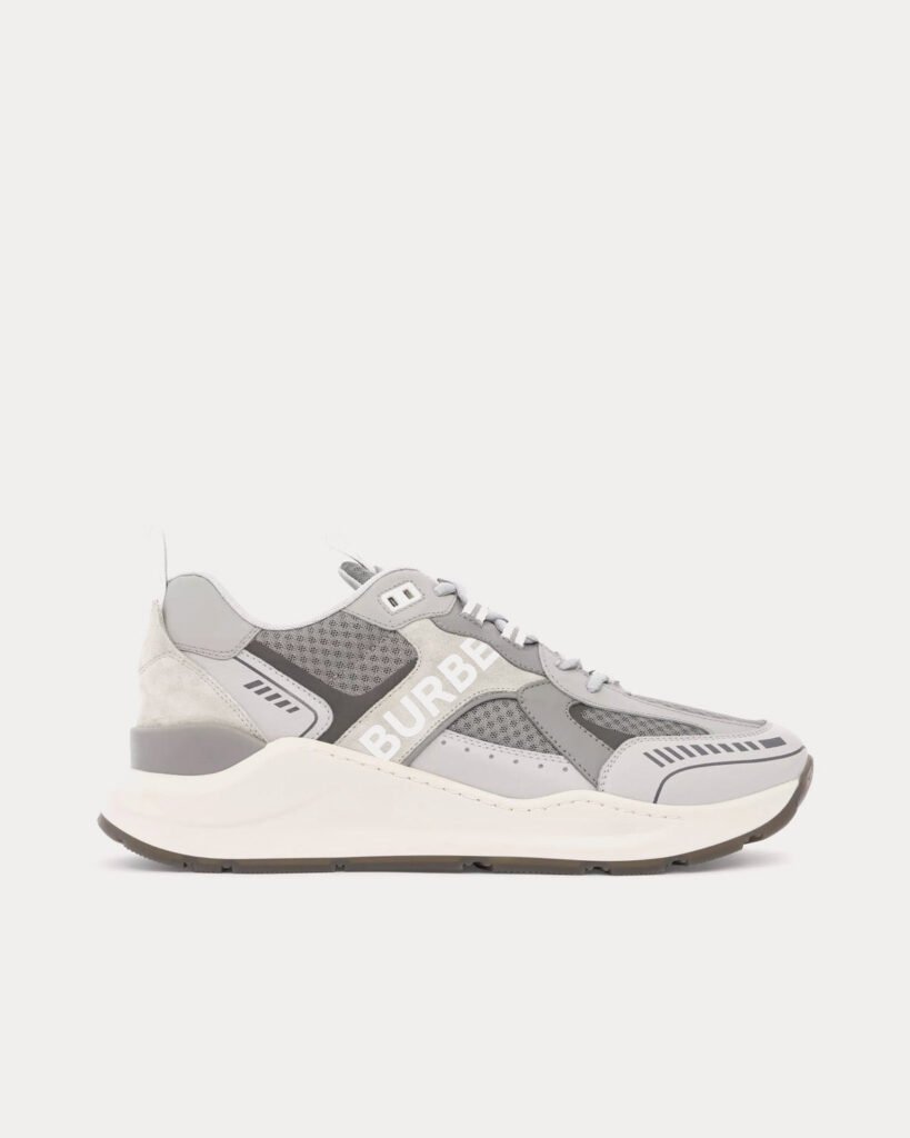 Baskets basses grises en cuir, daim et mesh à imprimé logo Burberry