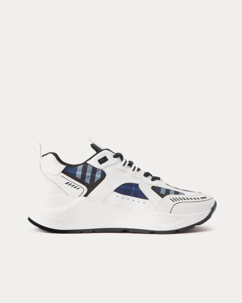 Baskets basses en cuir à imprimé logo Burberry et carreaux blanc/noir/bleu