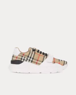 Baskets basses Burberry Vintage Check, daim et cuir beiges