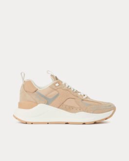 Baskets basses Burberry à carreaux, daim et coton, fauve doux / pêche poudré