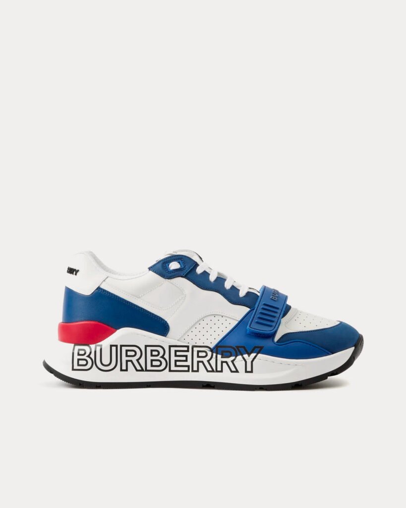 Baskets basses en cuir à imprimé logo Burberry bleu marine, rouge et blanc