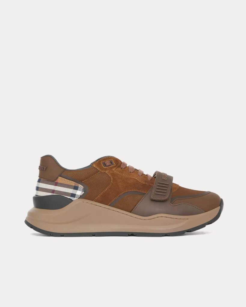 Baskets basses Burberry en cuir, daim et carreaux moka foncé