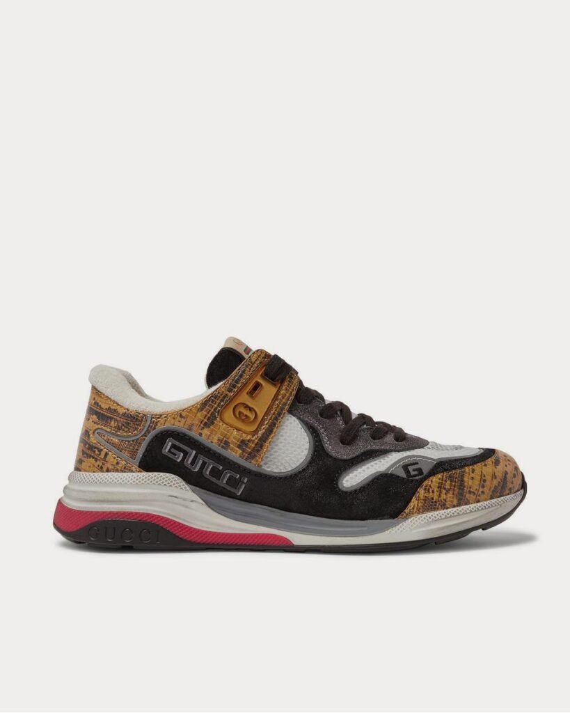 Baskets basses jaunes Gucci Ultrapace en daim vieilli, mesh et cuir effet serpent