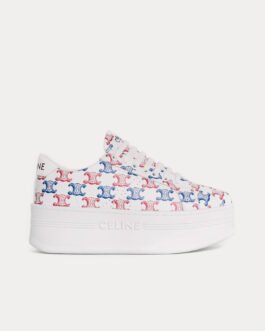 Baskets basses compensées Celine Block avec logo perforé Triomphe, blanc optique, rouge et bleu