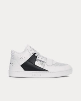 Baskets mi-hautes Céline CT-02 en cuir de veau scratch et vernis pailleté blanc optique / noir