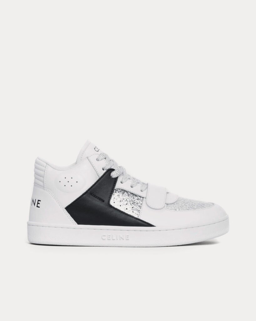 Baskets mi-hautes Céline CT-02 en cuir de veau scratch et vernis pailleté blanc optique / noir