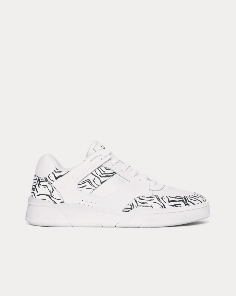 Baskets basses Céline CT-07 en cuir de veau et veau estampé zèbre, blanc optique / noir