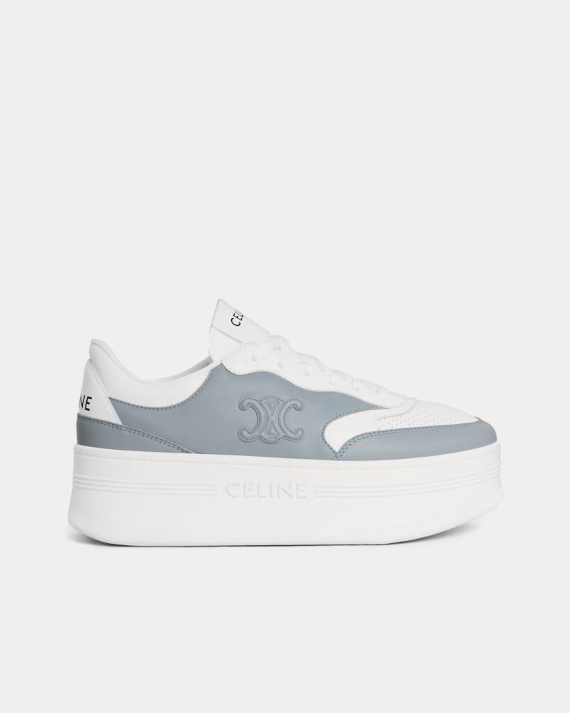 Baskets basses Celine Block Wedge Triomphe en cuir de veau bleu glacier et blanc optique