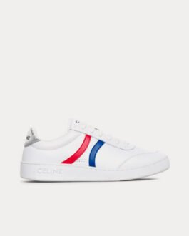 Baskets basses Céline Tennis en cuir de veau et cuir de veau laminé, blanc optique, bleu, rouge et argent