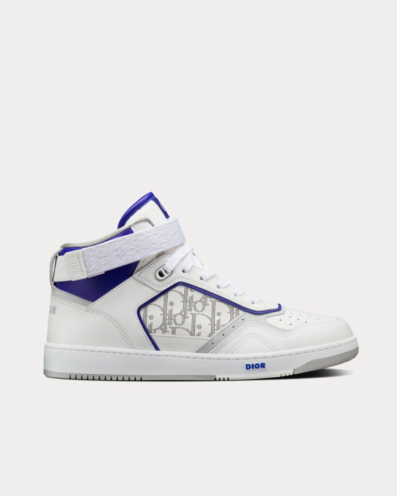Baskets montantes Dior B27 en cuir de veau lisse blanc et violet avec cuir Dior Oblique Galaxy blanc