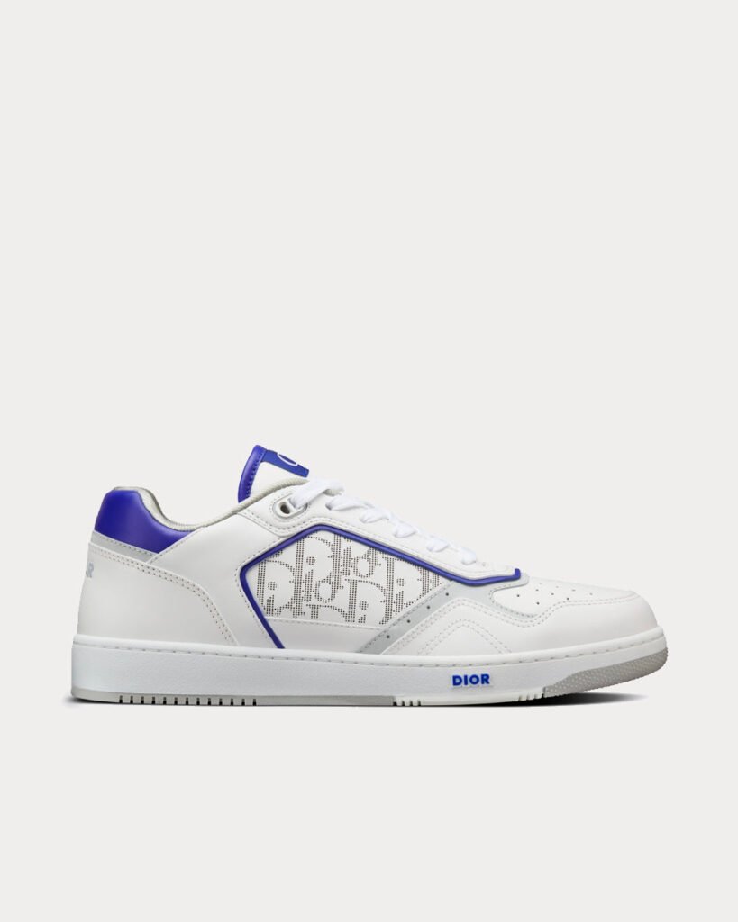 Baskets basses Dior B27 en cuir de veau lisse blanc et violet avec cuir Dior Oblique Galaxy blanc
