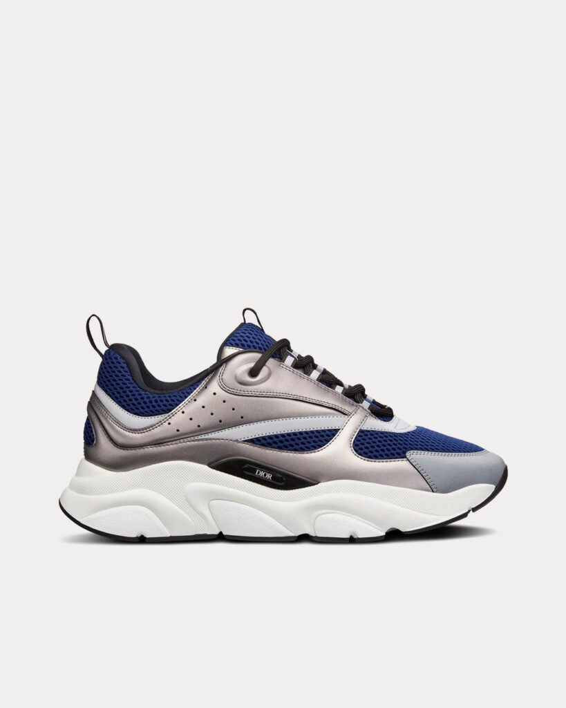 Baskets basses Dior B22 en mesh technique bleu et cuir de veau lisse argenté