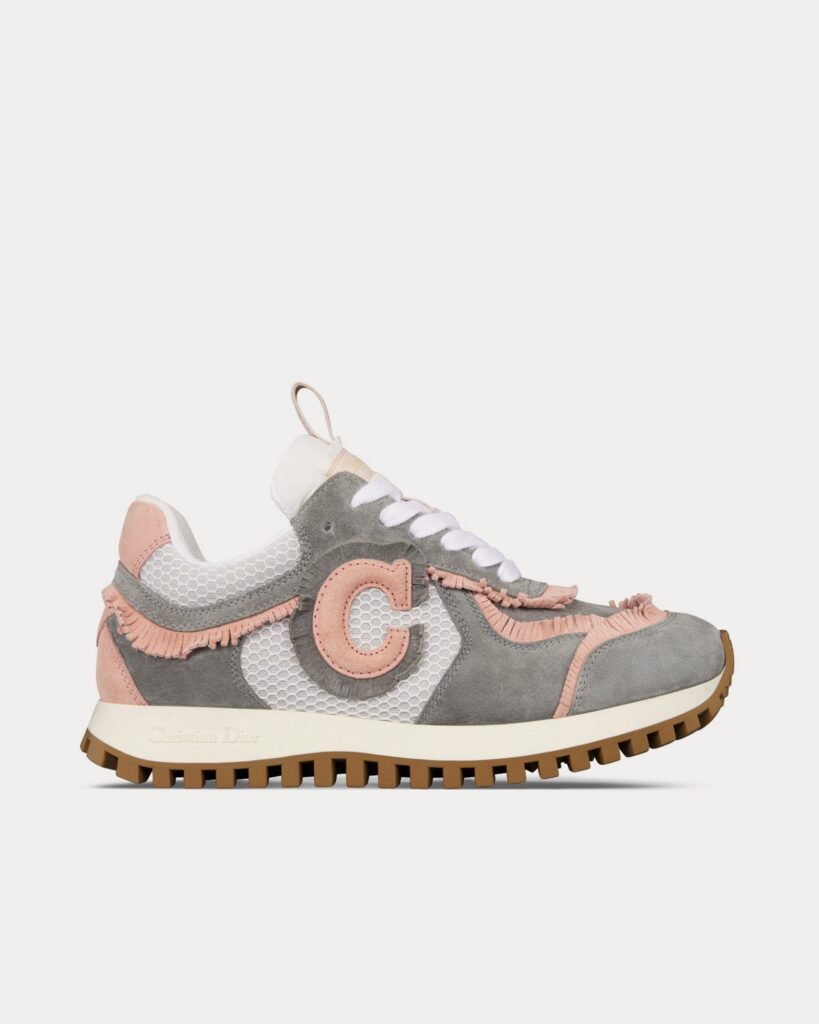 Baskets basses Dior C'est Dior en cuir de veau velours gris et rose foncé et maille blanche