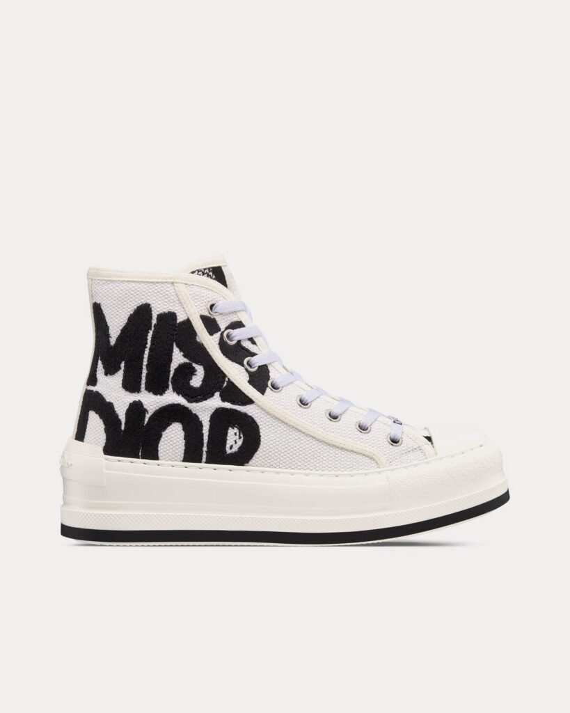 Baskets montantes Dior Walk'n'Dior Platform en coton brodé blanc et noir