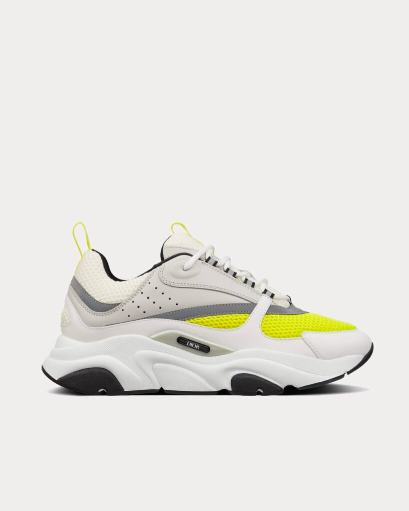 Baskets basses Dior B22 en mesh technique blanc et jaune avec cuir de veau lisse beige et blanc