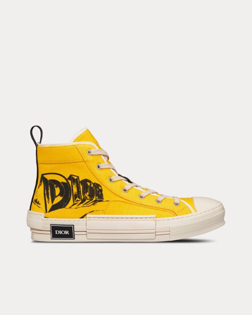 Baskets montantes Dior B23 en toile jaune avec signature AsteroDior