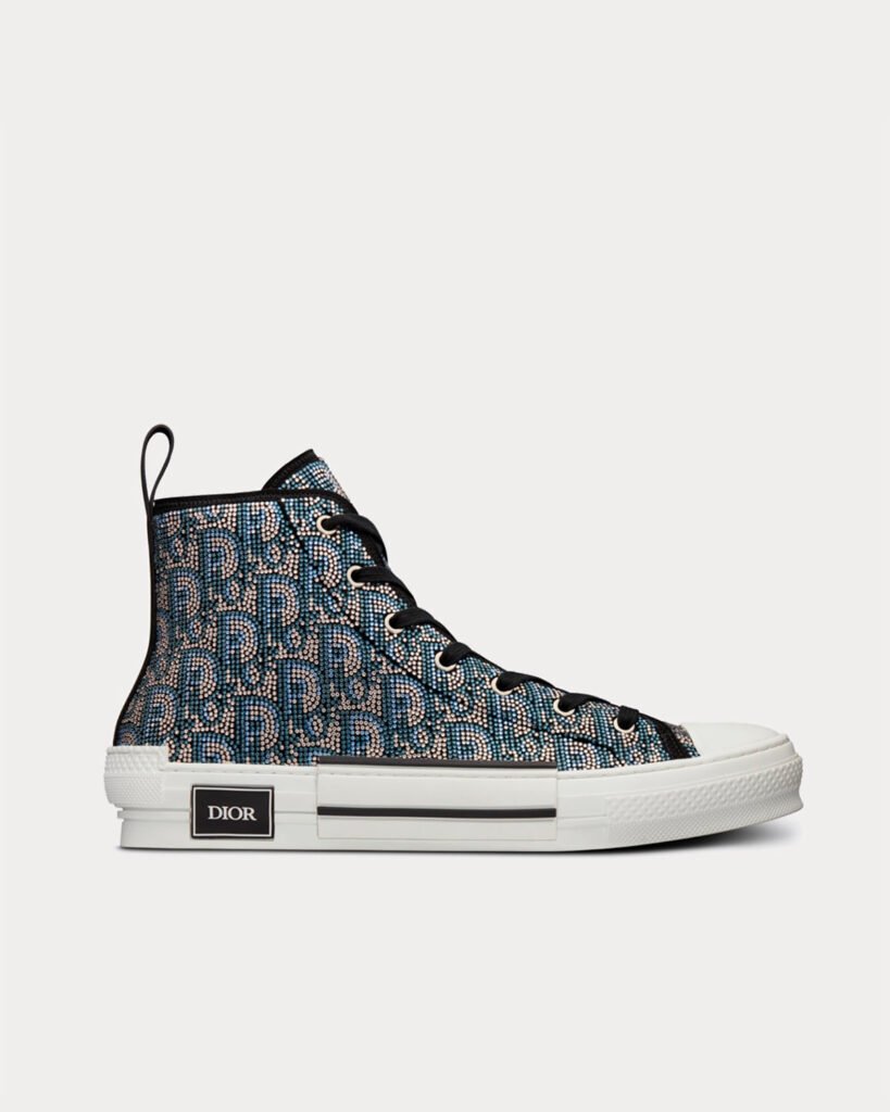 Baskets montantes Dior B23 beiges et bleues à strass Dior Oblique