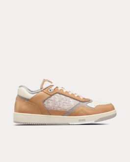 Baskets basses Dior B27 en cuir de veau lisse beige et crème avec jacquard Dior Oblique crème
