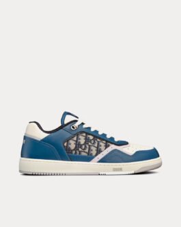 Baskets basses Dior B27 en cuir de veau lisse bleu, crème et gris Dior avec jacquard Dior Oblique beige et noir