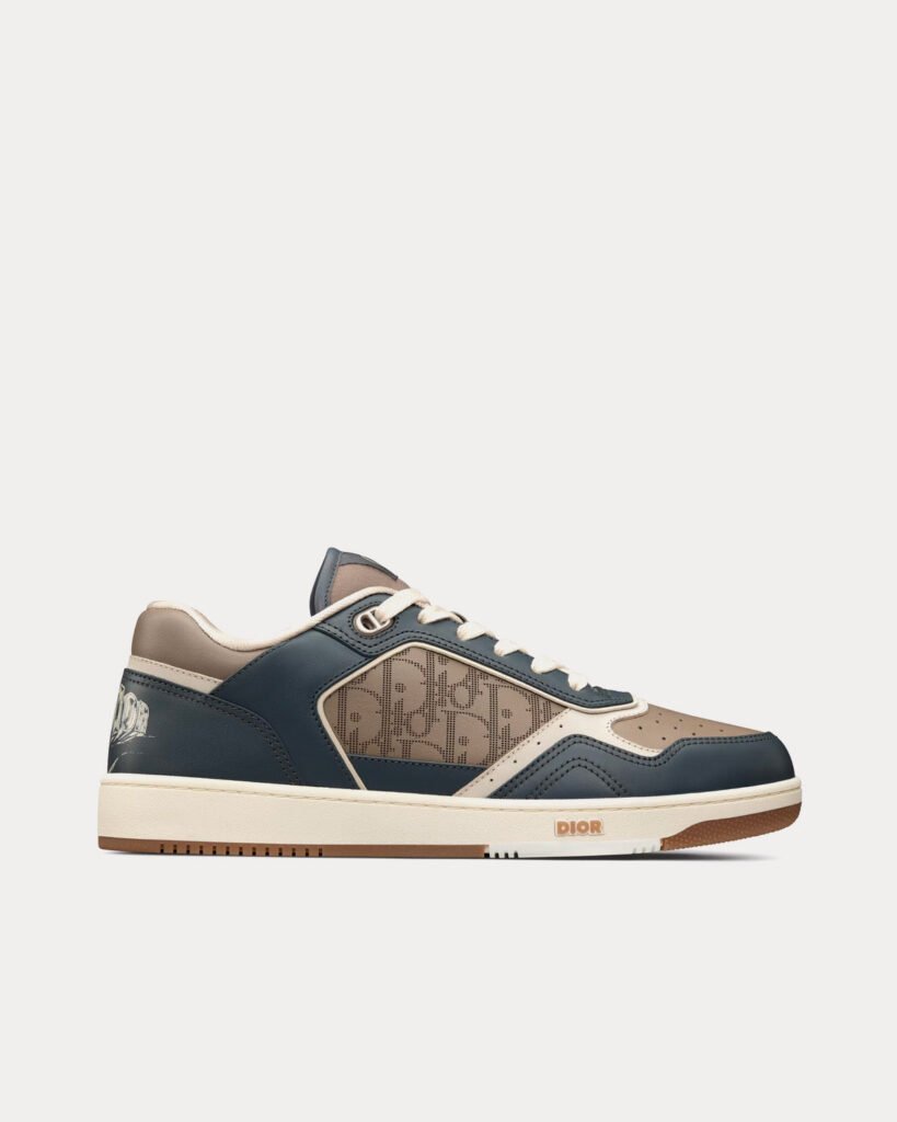 Baskets basses Dior B27 en cuir de veau lisse marron et gris foncé avec cuir Dior Oblique Galaxy marron