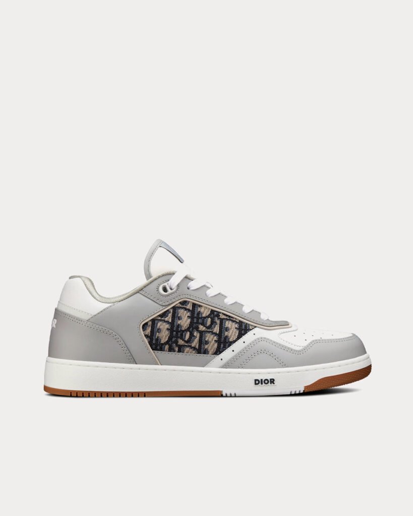 Baskets basses Dior B27 en cuir de veau lisse gris et blanc avec jacquard Dior Oblique beige et noir