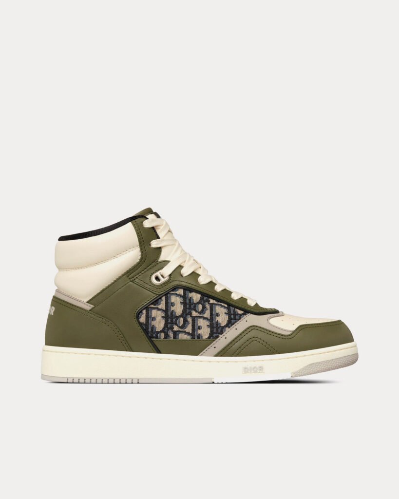 Baskets montantes Dior B27 en cuir de veau lisse olive et crème avec jacquard Dior Oblique beige et noir