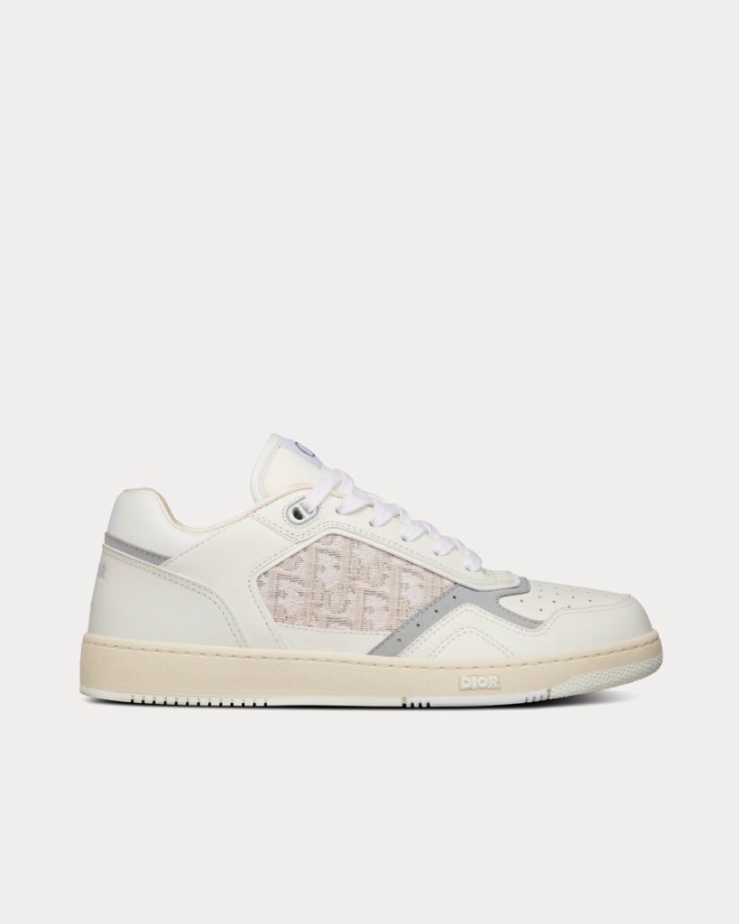 Baskets basses Dior B27 en cuir de veau lisse blanc et jacquard Dior Oblique blanc cassé