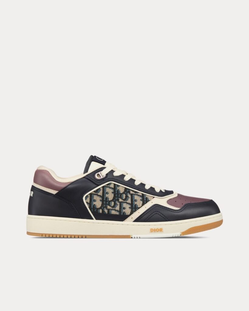 Baskets basses Dior B27 en cuir de veau lisse bleu foncé et prune avec jacquard Dior Oblique beige et noir
