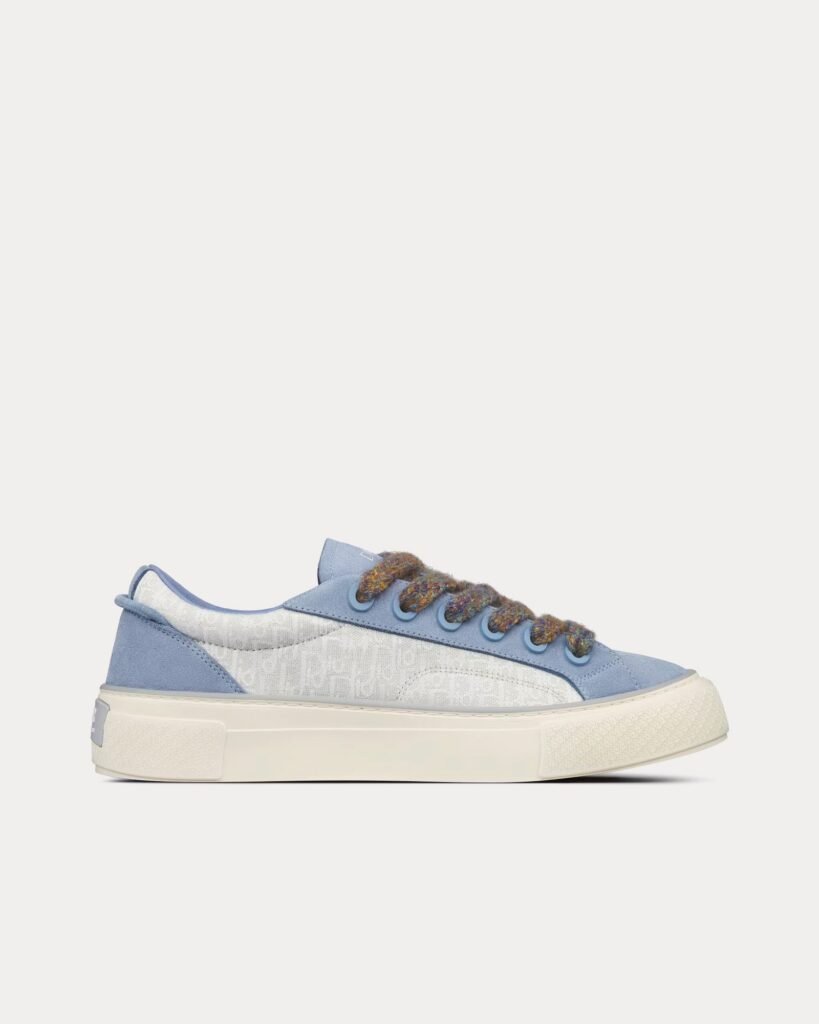 Baskets basses Dior B33 en jacquard Dior Oblique gris et blanc et daim bleu