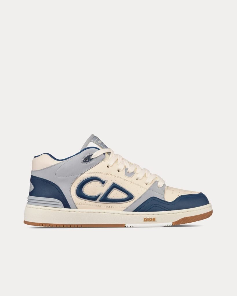 Baskets mi-hautes Dior B57 en cuir de veau lisse bleu marine et crème avec daim gris