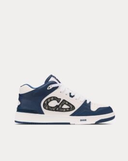 Baskets mi-hautes Dior B57 en cuir de veau lisse bleu marine et blanc avec jacquard Dior Oblique beige et noir